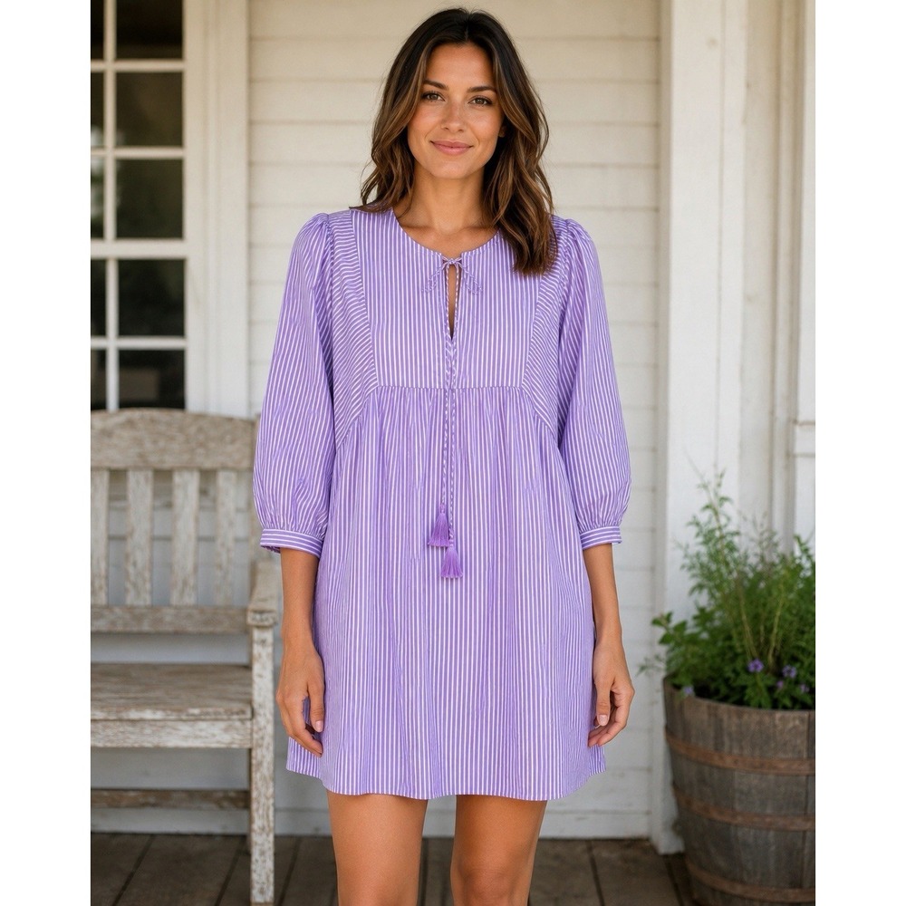 Avara Purple White Striped Mini Dress S Tassel Tie Puff Sleeve Babydoll Boho